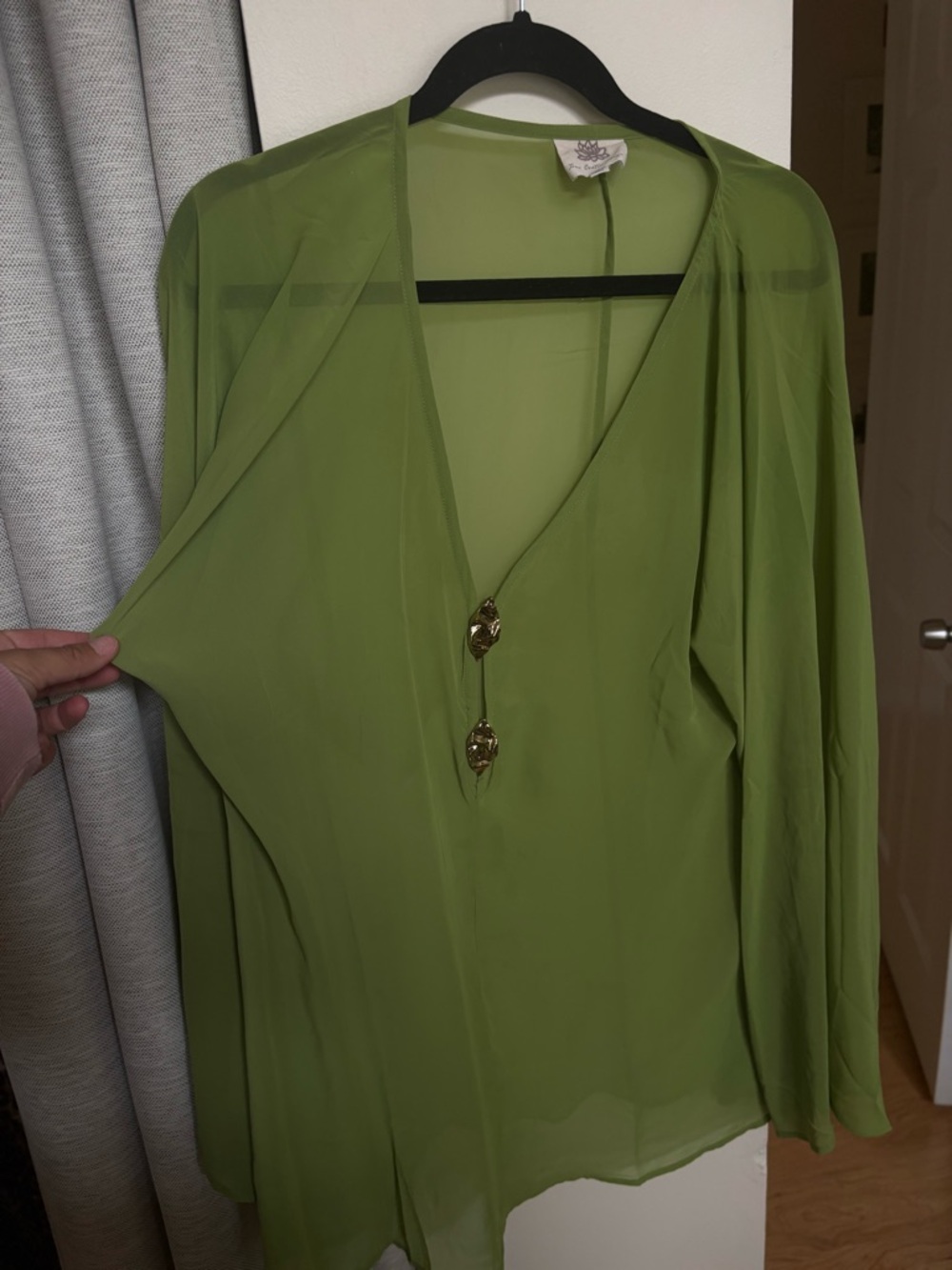 Sheer Olive Green V-Neck Blouse with Gold Accents